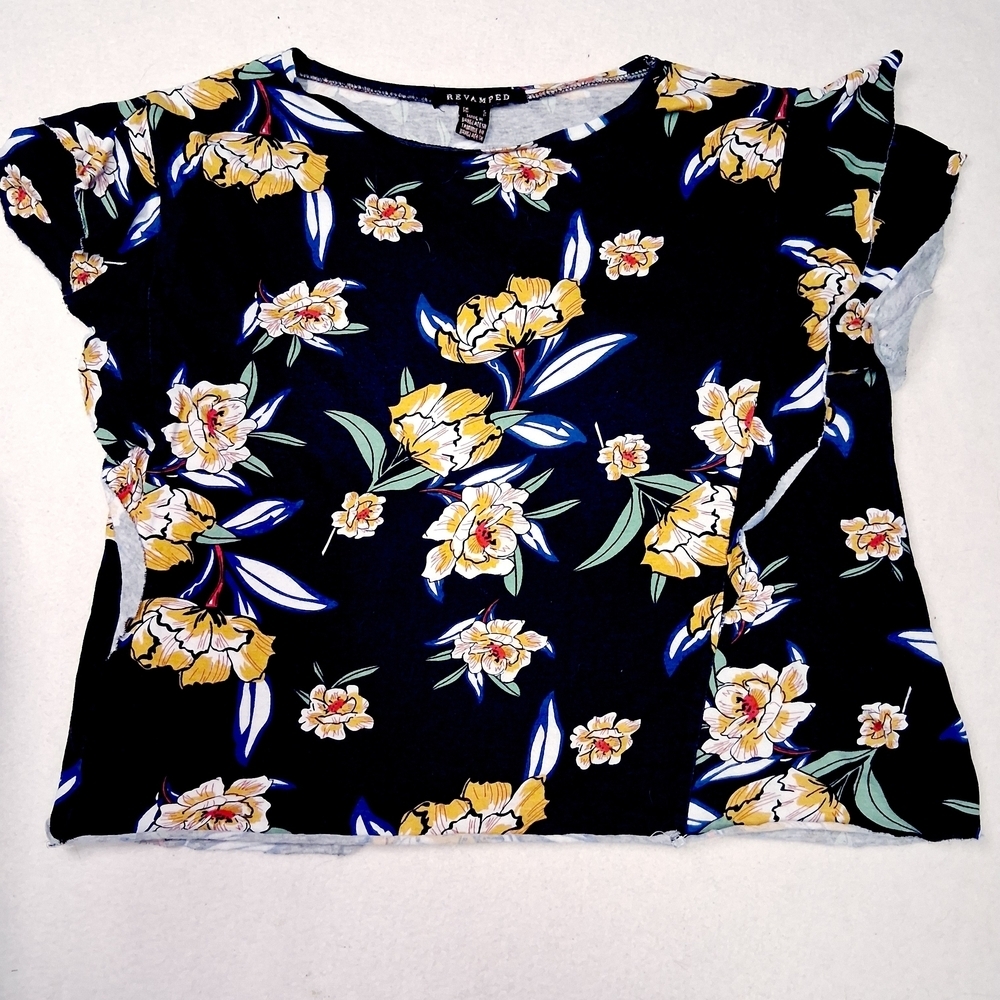 Revamped Black Top with Yellow and White Floral Pattern